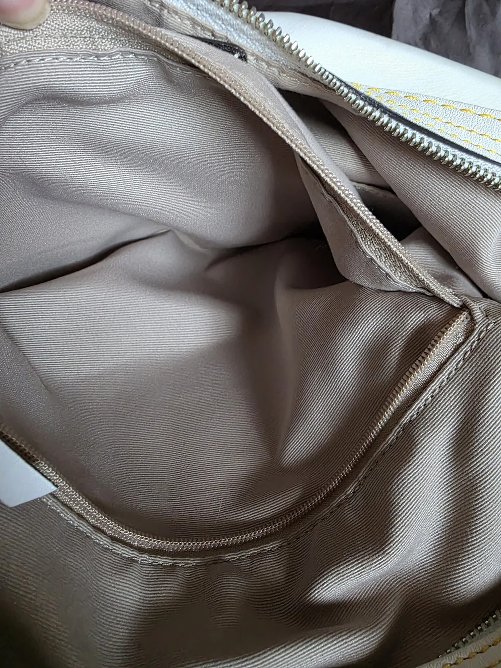 Coach Hampton Weekend White Satin Hobo with Yellow and Brown Strap Accents